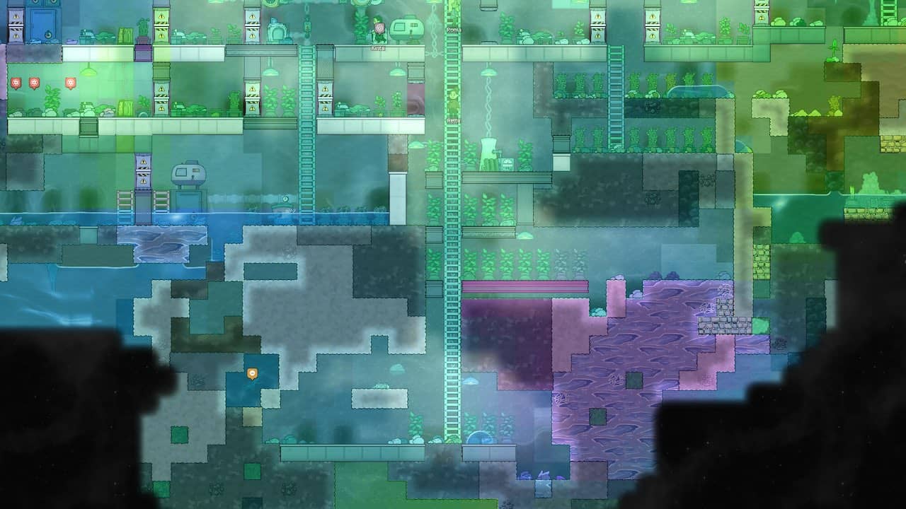 In-game screenshot showcasing the world temperature overlay, with a sprawling base shown on screen. Every area of the base is coloured in a way that reflects its temperature.