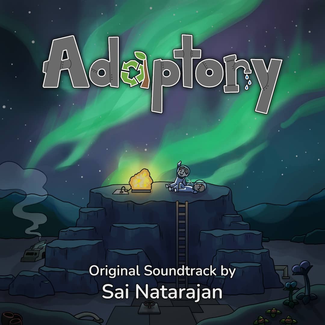 The album cover artwork for the Adaptory soundtrack, featuring two explorers watching an aurora light up the night sky. The text reads: "Adaptory. Original soundtrack by Sai Natarajan."