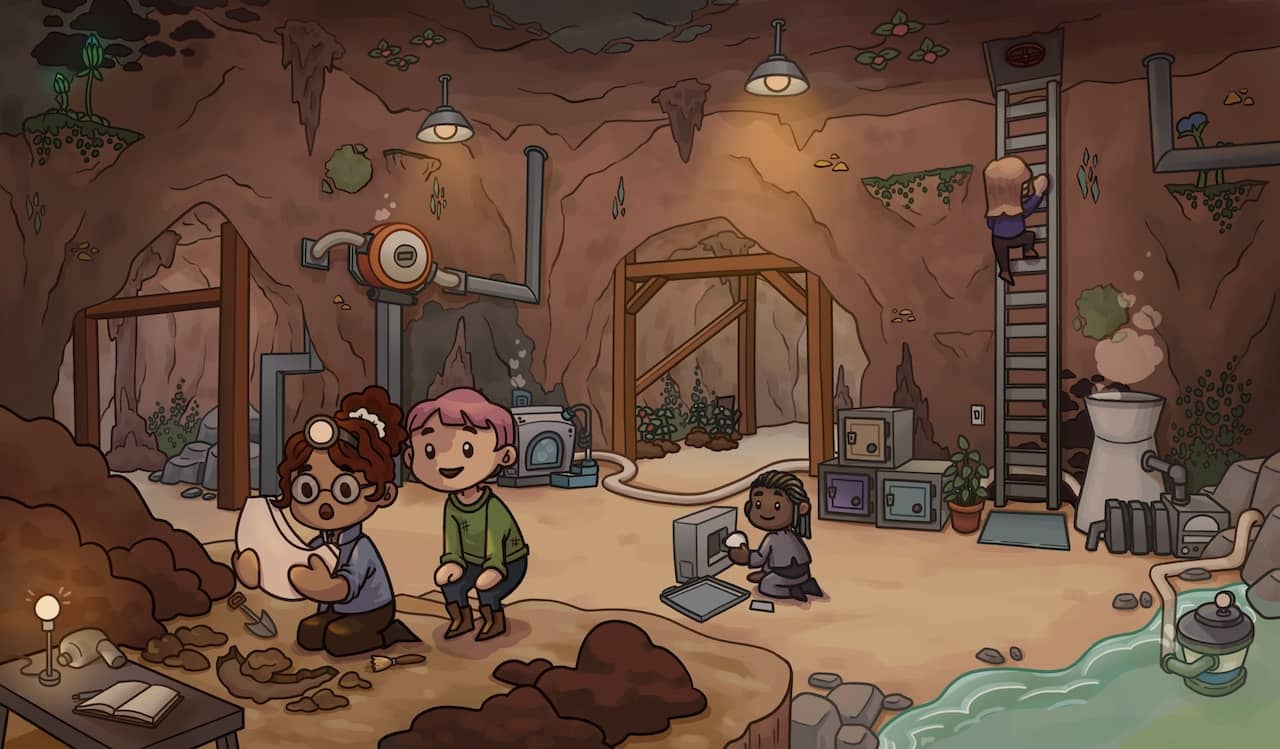 Artwork featuring a team of four stranded space explorers working together in their survival base. In the foreground, one of the explorers has unearthed an ancient alien artefact, while their fellow explorer looks on in fascination.